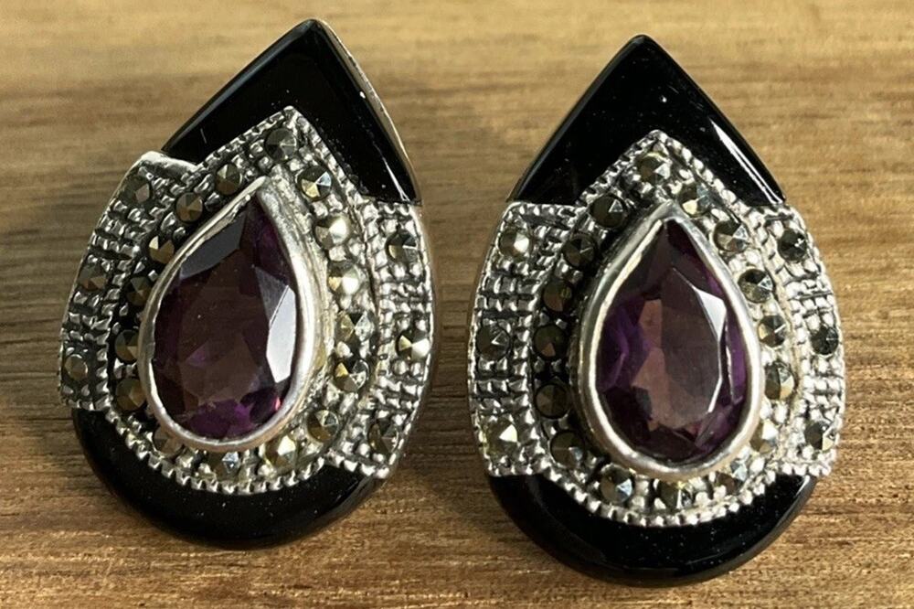 Vintage Sterling Silver Onyx Marcasite And Amethyst Teardrop Earrings